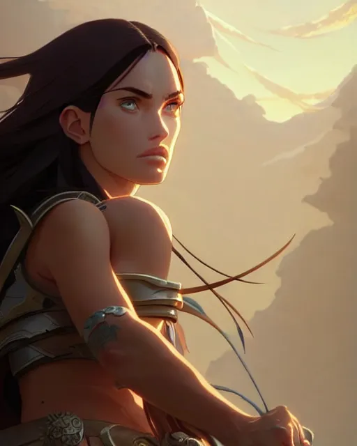 Image similar to azctec warrior, megan fox, detailed perfect face, exquisite details, fire magic, mid view, design on a white background, by studio muti, greg rutkowski makoto shinkai takashi takeuchi studio ghibli