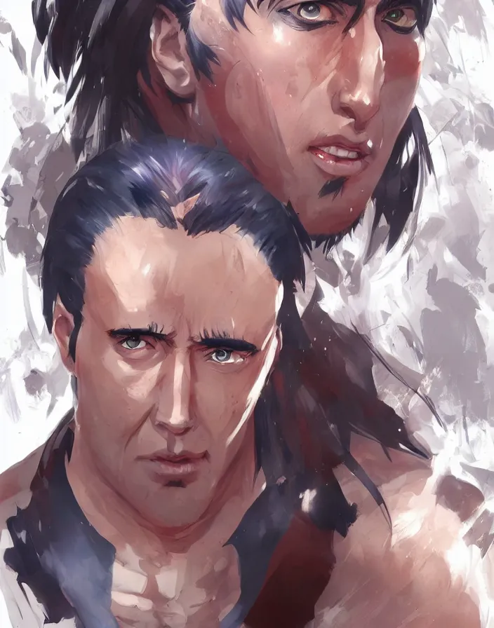 Image similar to anime portrait of nicolas cage as a muscular anime boy by Stanley Artgerm Lau, WLOP, Rossdraws, James Jean, Andrei Riabovitchev, Marc Simonetti, and Sakimichan, trending on artstation
