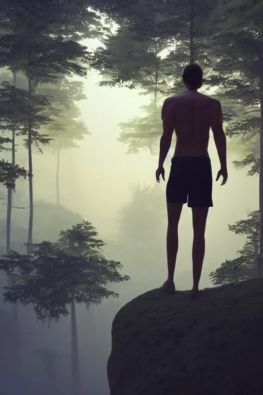 Image similar to young man with wavy black shoulder length hair, muscular back, plain cotton shorts, back view, trees, detailed forest background, webtoon, breathtaking scenery, colourful, 8 k, graphic novel, digital art trending on artstation, volumetric lighting, octane render, cinematic, hyper detailed, magical atmosphere