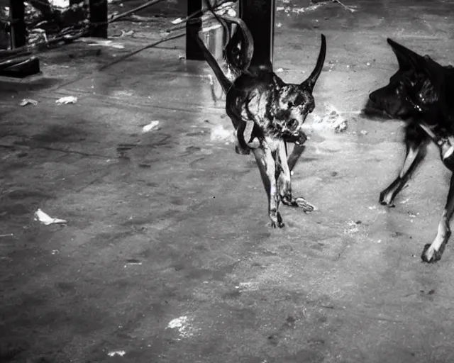 Prompt: camera footage of a Dozens of Feral Black Dogs with rabies running in an abandoned shopping mall, high exposure, dark, monochrome, camera, grainy, CCTV, security camera footage, timestamp, zoomed in, Feral, fish-eye lens, Nightmare Fuel, Dog, Evil, Zerg, Brood Spreading, Motion Blur, horrifying, lunging at camera :4