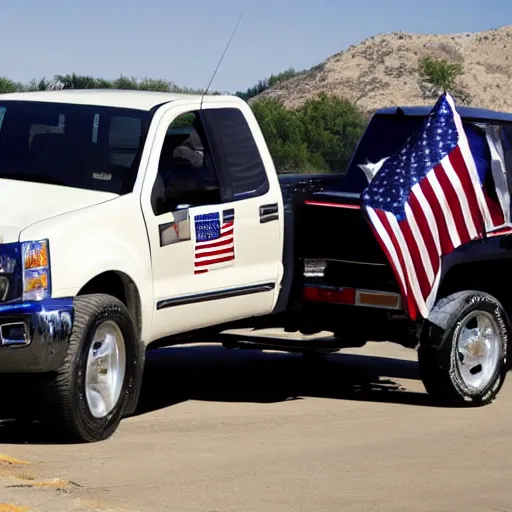 Prompt: pgoto of biden pickup trucks with american flags, there are very attractive woman in the back of the truck.