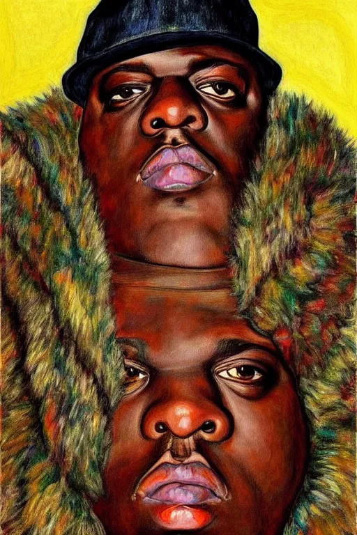 Image similar to a portrait of biggie smalls wearing boho - chic style clothes, with a fur muffler, full body!!, realistic painting in egon schiele style, masterpiece, hyperdetailed, complex, intricate, 4 k, trending on artstation