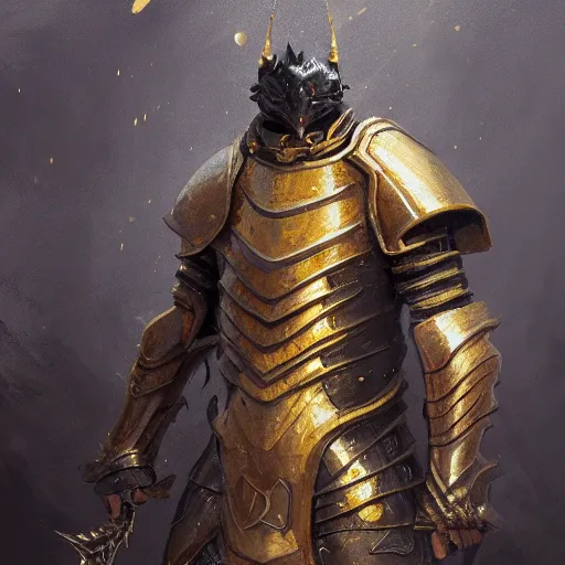 Image similar to anthropomorphic dragon warrior stands tall wearing black and gold plate armor, oil painting, Tooth Wu, Greg Rutkowski, RPG, dynamic lighting, fantasy art, High contrast, depth of field