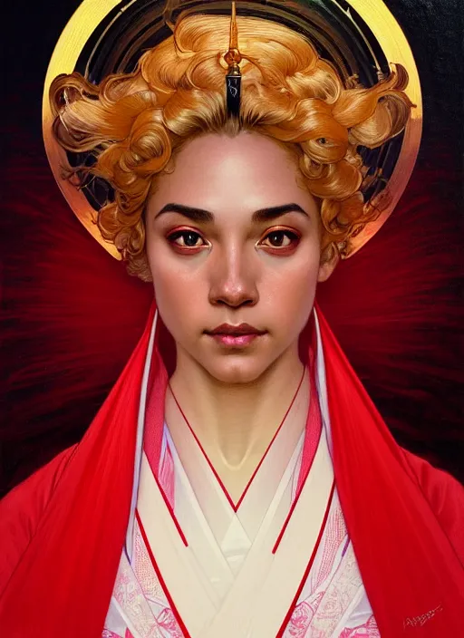 Image similar to symmetry!! portrait of terrence boyd as a saint in a red kimono with an halo, face close - up, intricate, elegant, highly detailed, digital painting, artstation, concept art, smooth, sharp focus, illustration, art by artgerm and greg rutkowski and alphonse mucha