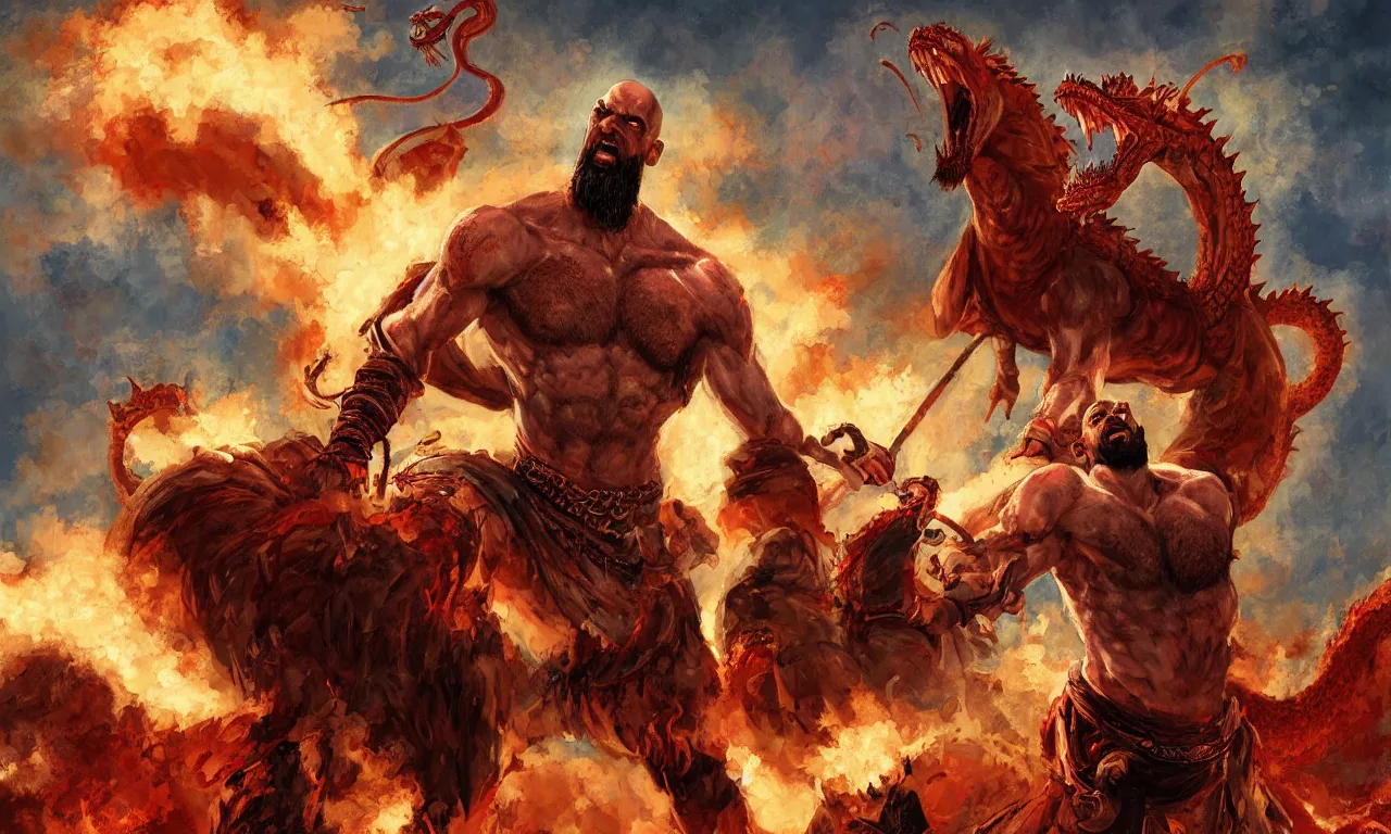 Prompt: a detailed digital painting rendition of kratos as lebron james riding a gigantic fire breathing dragon, art by norman rockwell