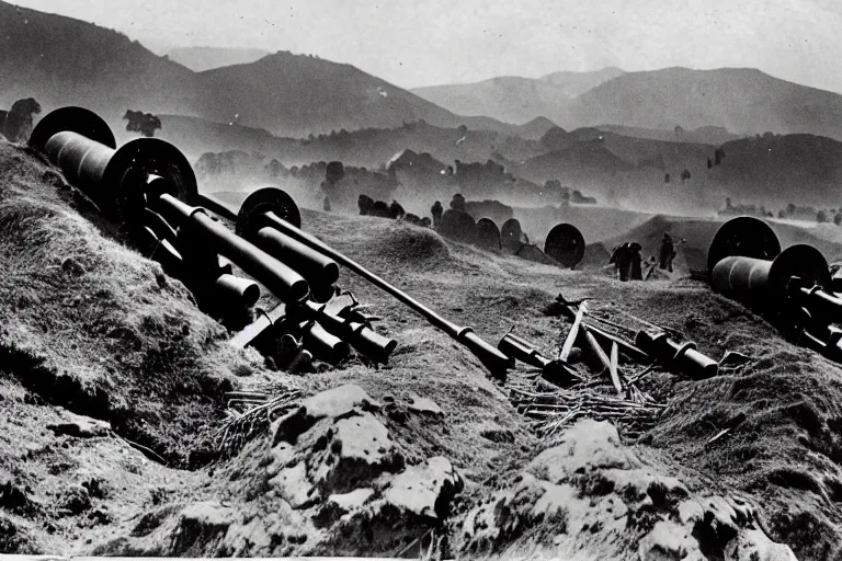 Image similar to 1 5 5 mm artillery in trenches with a beautiful background of hills and mountains, black and white photography, 1 9 2 5