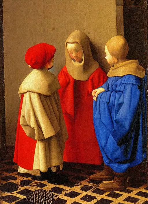 Image similar to Two little brothers meet a young man, medieval painting by Jan van Eyck, Johannes Vermeer, Florence