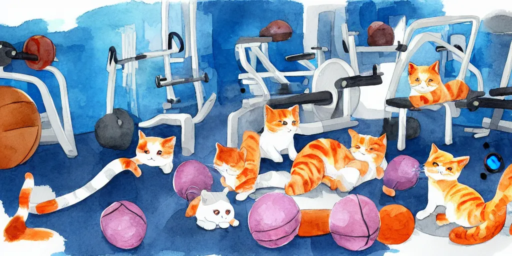 Image similar to watercolor illustration style, cute! cats!! training in the fitness studio, sports equipment laying around!