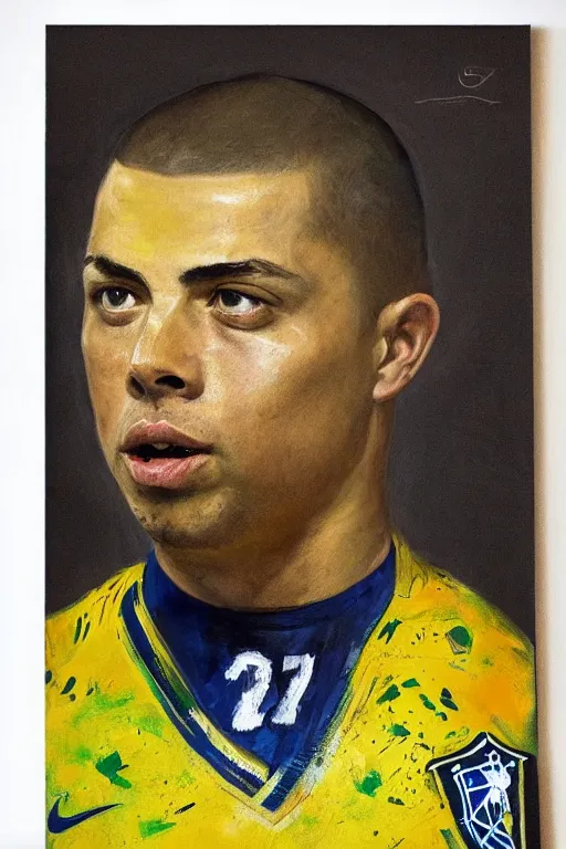 Prompt: portrait of ronaldo luis nazario de lima holding a soccer ball, wearing the yellow brazil soccer shirt, shaved head, painting by rembrandt, high quality, very beautiful, detailed, 4 k