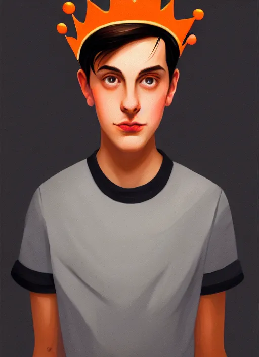 Image similar to portrait of teenage jughead jones wearing a light grey crown, crown, hamburger background, eyes closed, crown, black hair, orange, intricate, elegant, glowing lights, warm lighting, highly detailed, digital painting, artstation, concept art, smooth, sharp focus, illustration, art by wlop, mars ravelo and greg rutkowski