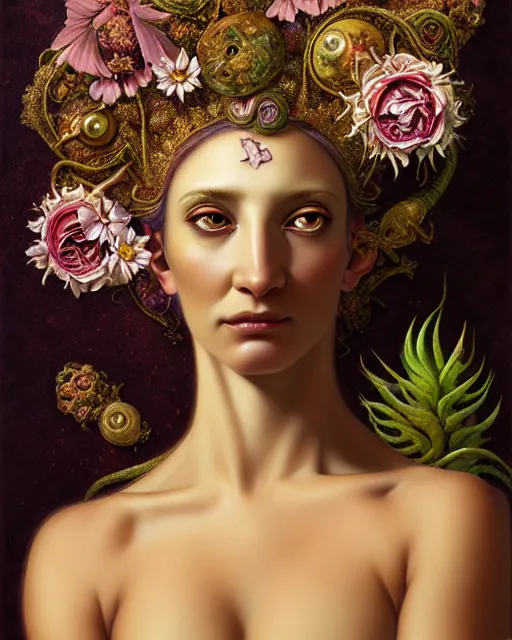 Image similar to portrait of the goddess of flourish and decay, unusual beauty, flowers and plants, emotionally evoking symbolic metaphors, head in focus, fantasy, ornamental, intricate, elegant, sensual, highly detailed digital painting, artstation, concept art, painterly, golden ratio, sharp focus, illustration, art by John William Godward and Boris Vallejo and Zdzisław Beksiński,