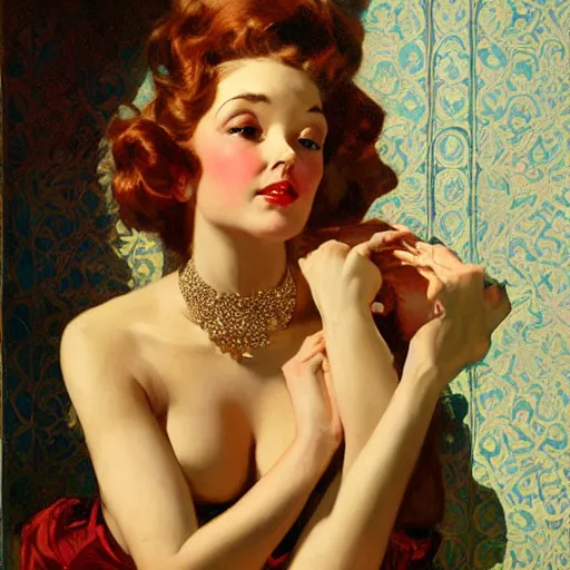 Image similar to portrait of a beautiful woman, intricate, elegant, highly detailed, by gil elvgren, greg manchess, mucha