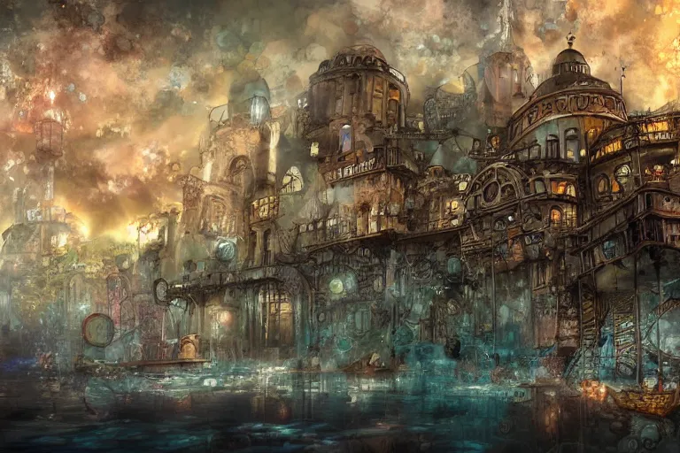 Prompt: a steampunk istanbul, underwater, digital painting, mixed media, trending on artstation and deviantart, epic composition, highly detailed, 8 k