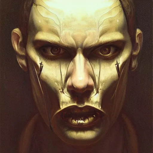 Prompt: surreal portrait of a man by Greg Rutkowski and H.R Giger, symmetrical face, he is about 30 years old, west slav features, short blonde hair with bangs, attractive, smart looking, slim, somewhat androgenic, transformed into a kind of biomechanical transhuman angel, disturbing, terrifying but fascinating, with a determined and sinister expression on his face, cosmic void background, frightening, fascinating, highly detailed portrait, digital painting, book cover, artstation, concept art, smooth, sharp foccus ilustration, Artstation HQ