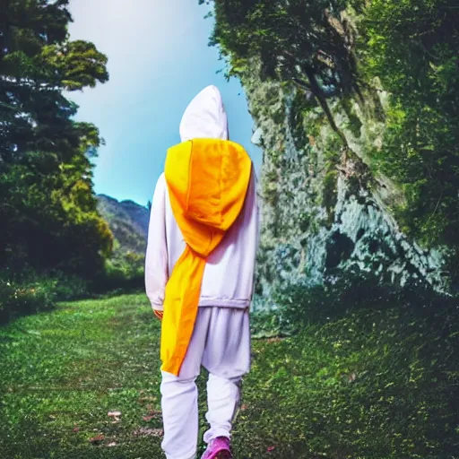 Image similar to guy with white hoodie on a beautiful planet colorful and full of life