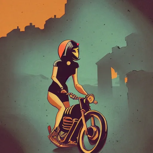 Image similar to a colorful comic noir illustration of a hot tattooed women riding a motorcycle through a post-apocalyptic desert by Queens of the Stone Age and sachin teng, dark vibes, street art, cinematic, high contrast, depth of field