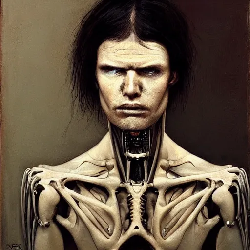 Image similar to surreal portrait of a man by Greg Rutkowski and H.R Giger, symmetrical face, he is about 30 years old, west slav features, short blonde hair with bangs, attractive, smart looking, slim, somewhat androgenic, transformed into a kind of biomechanical transhuman god, disturbing, terrifying but fascinating, with a determined and sinister expression on his face, cosmic void background, frightening, fascinating, highly detailed portrait, digital painting, book cover, artstation, concept art, smooth, sharp foccus ilustration, Artstation HQ