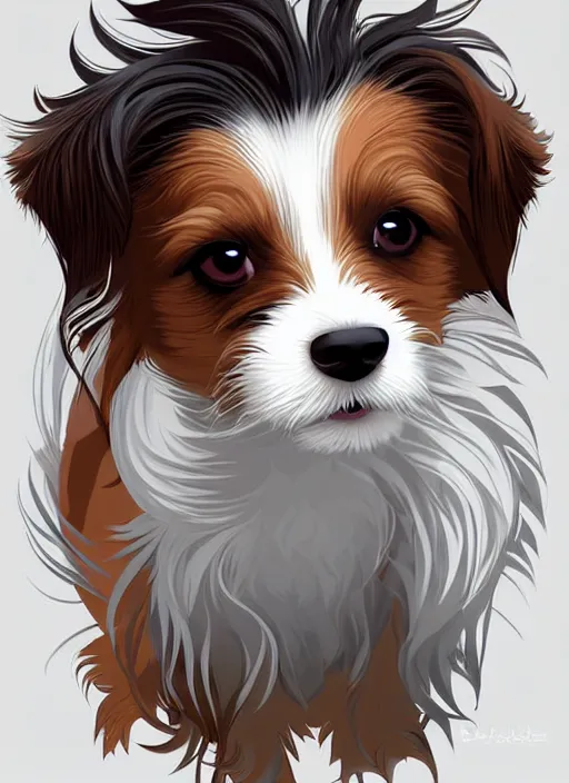 Prompt: a very cute long haired jack russell terrier puppy. he is white with brown spots and brown patches over both eyes. clean cel shaded vector art. shutterstock. behance hd by lois van baarle, artgerm, helen huang, by makoto shinkai and ilya kuvshinov, rossdraws, illustration, art by ilya kuvshinov
