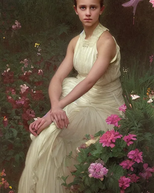 Image similar to a portrait painting of a shy, blushing 1 6 - year old alicia vikander or millie bobby brown as a ballerina in her flower garden with lanterns, intricate, elegant, highly detailed, artstation, concept art, by krenz cushart and donato giancola and william adolph bouguereau and alphonse mucha