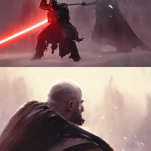 Prompt: Darth Vader fighting Kratos, by Greg Rutkowski and Thomas Kinkade, trending on artstation 4k.