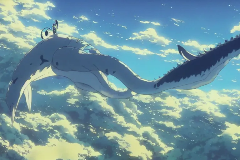 Image similar to painting of a dreamscape, a flying leviathan in the foreground, exterior wide shot, otherworldly and ethereal by kazuo oga in the anime film by studio ghibli, screenshot from the anime film by makoto shinkai