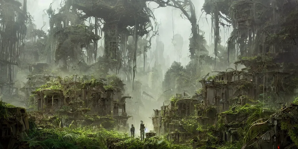 Prompt: concept art of an abandoned city in ruins, overgrown by a lush green forest, dramatic lighting, trending on Artstation, 8k, highly realistic, hyper detailed, unreal engine 5, IMAX quality, photorealistic, cinematic, epic lighting, in the style of Peter Mohrbacher and Peter Gric