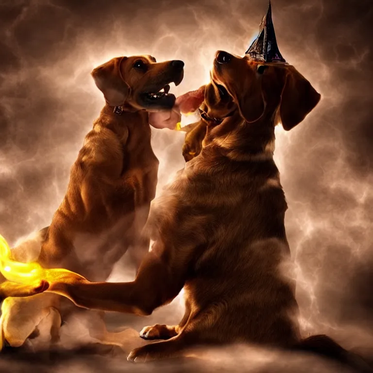 Image similar to dog wizard casting a magic spell, fantasy, majestic pose, dramatic lighting, cinematic scene