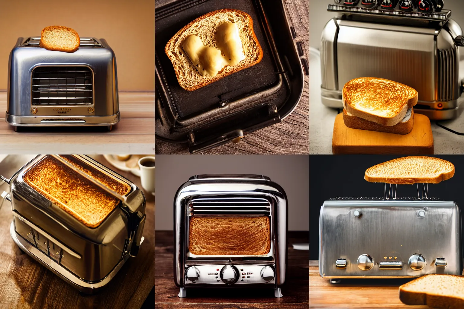 Prompt: Toast popping up from a 1950s toaster. High quality product photography. f/4