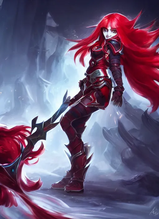 Image similar to a girl with red hair wearing red and white armor, arcane artwork, league of legends concept art, wallpaper
