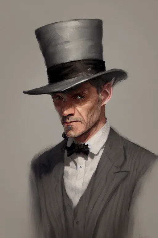 Image similar to a halfling grey hair with stubble top hat and suit by Greg Rutkowski, painting, portrait, D&D, trending on artstation