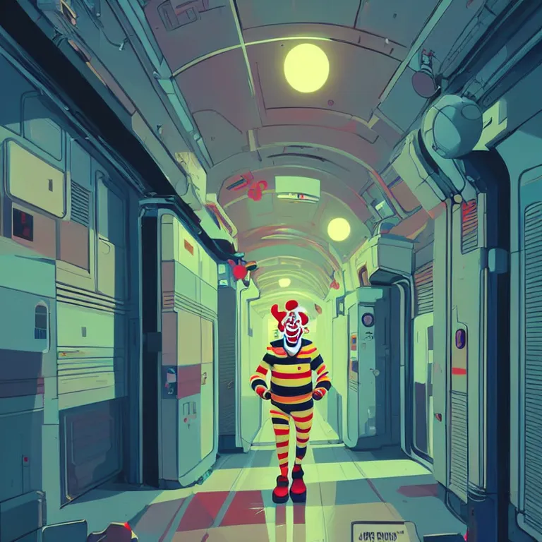 Prompt: A clown walking in the hallways of a space station, art by James Gilleard, James Gilleard artwork, vintage