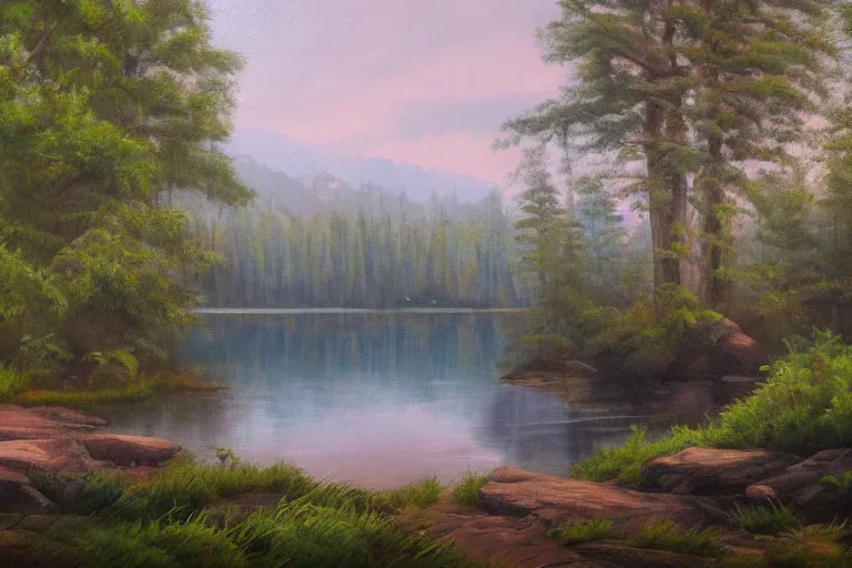 Image similar to landscape painting, forest lake, hd 8 k photorealism