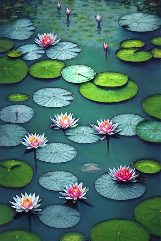 Image similar to light teal portrait in the rain on pond with waterlilies, fantasy, intricate, elegant, dramatic lighting, emotionally evoking symbolic metaphor, highly detailed, lifelike, photorealistic, digital painting, artstation, concept art, smooth, sharp focus, illustration, art by John Collier and Albert Aublet and Krenz Cushart and Artem Demura and Alphonse Mucha