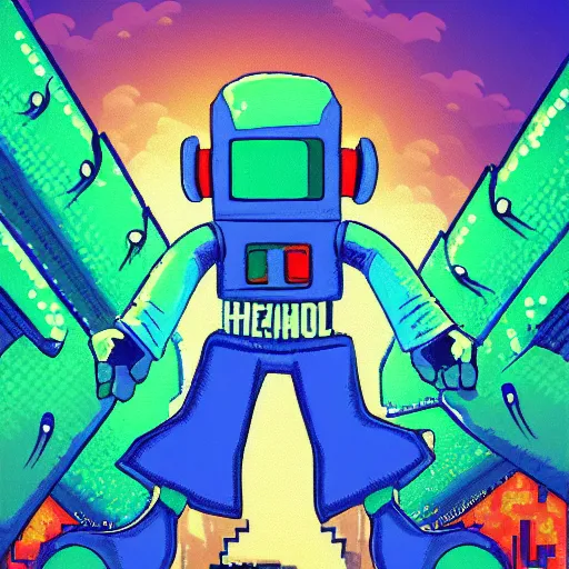 Prompt: blue robot ghost wearing a letterman jacket and genie pants, v mouth, cow lick hair practicing magic in a green slime filled city pixel art wide angle view realistic high detail
