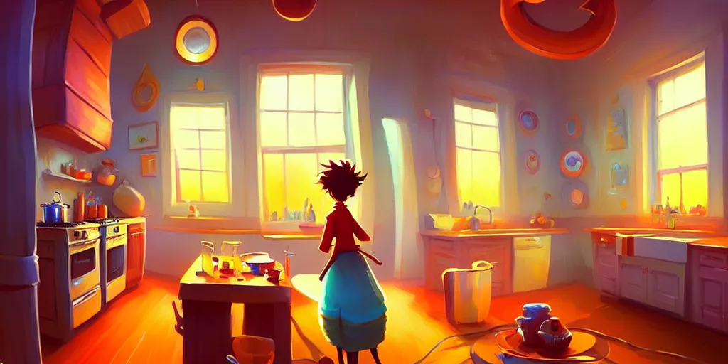 Prompt: spiral lines, naive nerikomi, weird fisheye perspective, extra narrow, detailed illustration of a kitchen dimly lit by rhads from lorax movie, trending artstation, true color