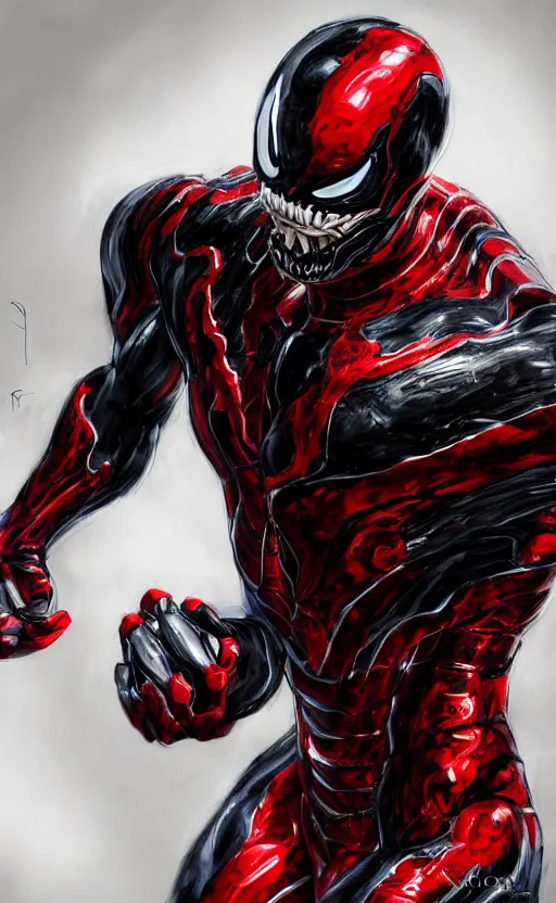 Image similar to venom in a venom inspired ironman suit, black and red, dynamic lighting, photorealistic fantasy concept art, trending on art station, stunning visuals, terrifying, creative, cinematic