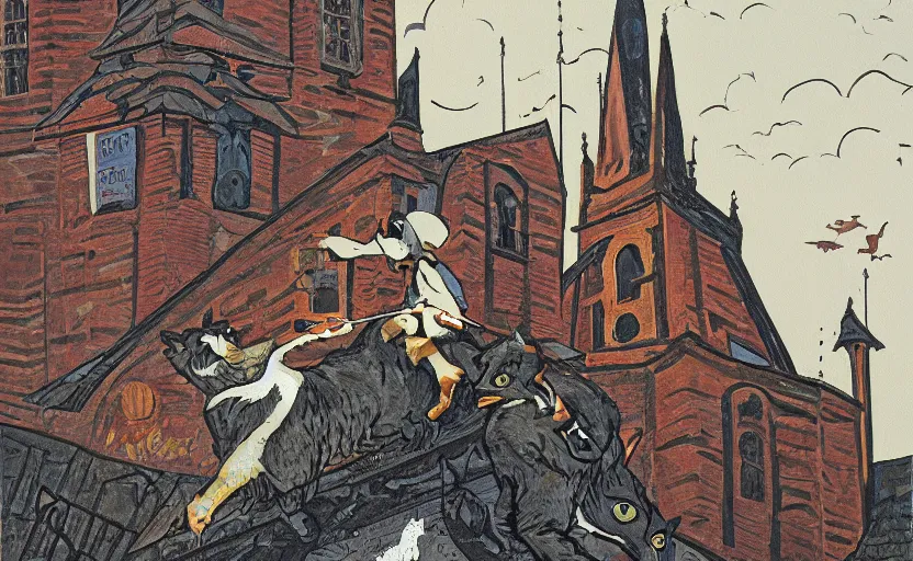 Image similar to a boy fighting a wolf on the edge of a clocktower, by taylor barron, gouache, print