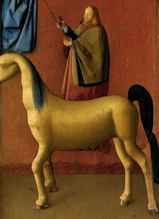 Image similar to wooden horse toy, medieval painting by jan van eyck, johannes vermeer, florence