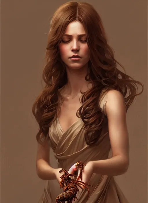 Prompt: portrait of a woman with brown hair wearing a flowing dress, holding her hand out with a scorpion on the hand, intricate, elegant, highly detailed, digital painting, artstation, concept art, smooth, sharp focus, illustration, art by wlop, mars ravelo and greg rutkowski