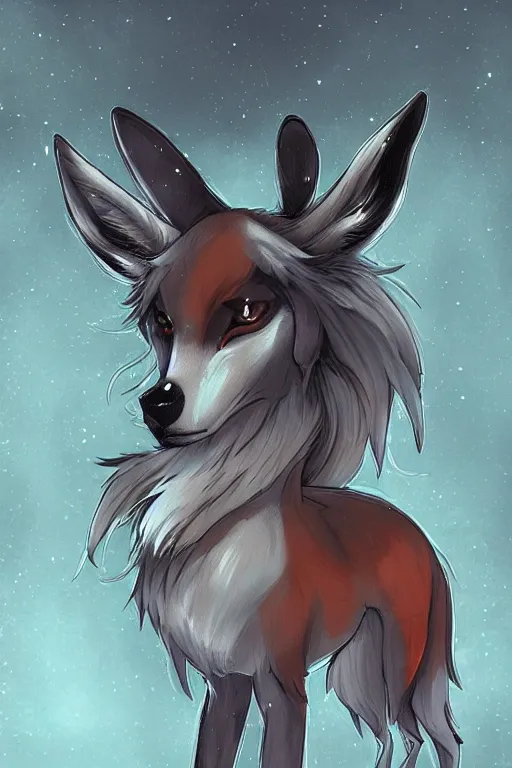 Image similar to a fox deer fursona, trending on artstation, by kawacy, furry art, digital art, cyberpunk, high quality, backlighting