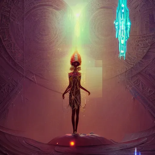 Image similar to highly detailed portrait of an african neon egyptian goddess, intricate alien technology, stephen bliss, unreal engine, fantasy art by greg rutkowski, loish, rhads, ferdinand knab, makoto shinkai and lois van baarle, ilya kuvshinov, rossdraws, tom bagshaw, global illumination, radiant light, detailed and intricate environment