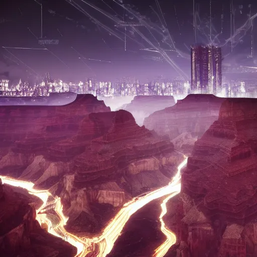 Prompt: the Grand Canyon filled with futuristic cyberpunk skyscrapers at night with a starry sky, fantasy, hyperrealism, octane render, photorealistic concept art, highly detailed