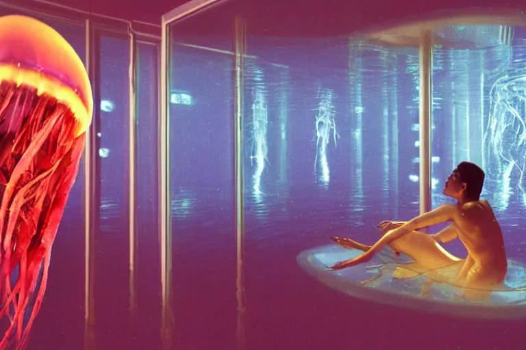 Image similar to high-angle view of a Inuit lush female jellyfish human hybrids wearing vacuum tube amp discowear with transparent digital number readout floating in front of face, sitting inside of a flooded 1970s luxury bungalow cabin with infinity mirror table, submersible vessel seamlessly clipping through wall, suspended soviet computer console on ceiling, ektachrome color photograph, volumetric lighting, off-camera flash, 24mm f8 aperture