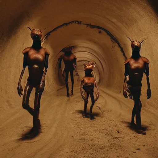 Image similar to cinematic photo of humans wearing realistic ant costumes in an underground unfinished dirt tunnel. several tunnel exits lead off in different directions. directed by david lynch. 3 5 mm film soft light, shadows, vhs copy film grain.