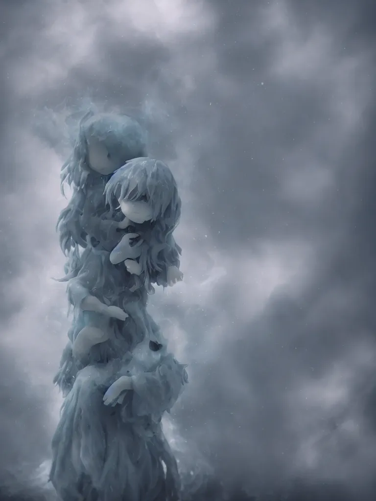 Prompt: cute fumo plush of a cursed frail witch girl held tight in the arms of a ghost, hugging, melting volumetric smoke and fog, environment map pbr reflective stormy water, goth, vignette, vray