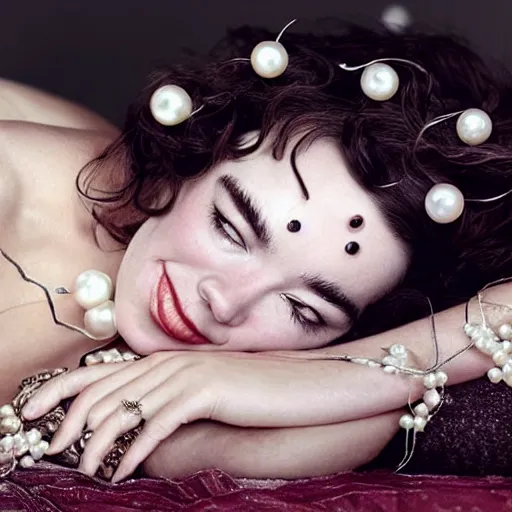 Prompt: stunning photo of dark - haired goddesses vanessa kirby and bjork smiling, laying back on a pillow, with melted white pearls all over their faces, a beautiful closeup, wet lips, perfect eyes, insanely detailed, elegant, by mucha, wlop, rutkowski, livia prima