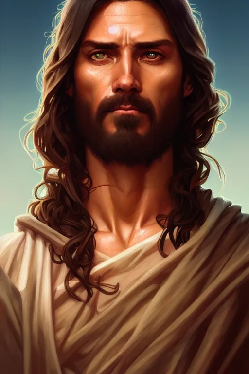 Image similar to jesus christ as an action hero, realistic portrait, symmetrical, highly detailed, digital painting, artstation, concept art, smooth, sharp focus, illustration, cinematic lighting, art by artgerm and greg rutkowski and alphonse mucha