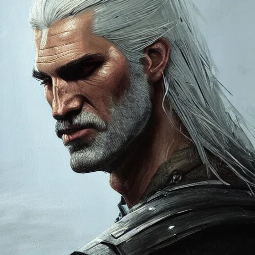 Image similar to Very detailed masterpiece painting of Geralt of Rivia, portrait, artstation, concept art by Greg Rutkowski