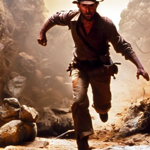 Image similar to indiana jones movie, running away from a builder in a cave