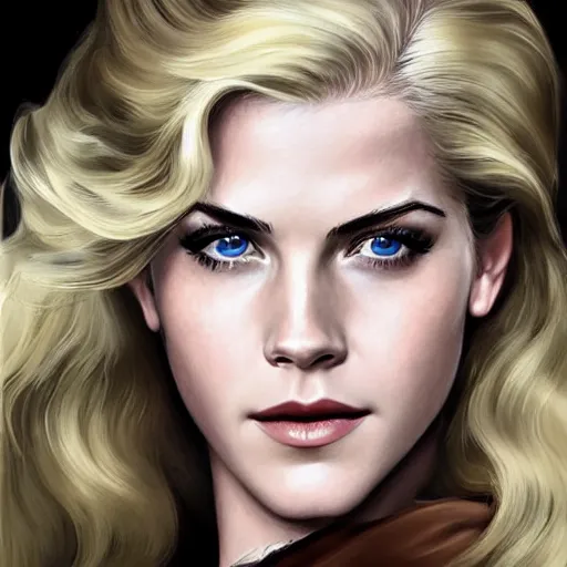 Image similar to A combination of Katheryn Winnick's and Grace Kelly's and Emma Watson's faces with blonde hair as Solid Snake from Metal Gear Solid, full body portrait, western, D&D, fantasy, intricate, elegant, highly detailed, digital painting, artstation, concept art, matte, sharp focus, illustration, art by Artgerm and Greg Rutkowski and Alphonse Mucha